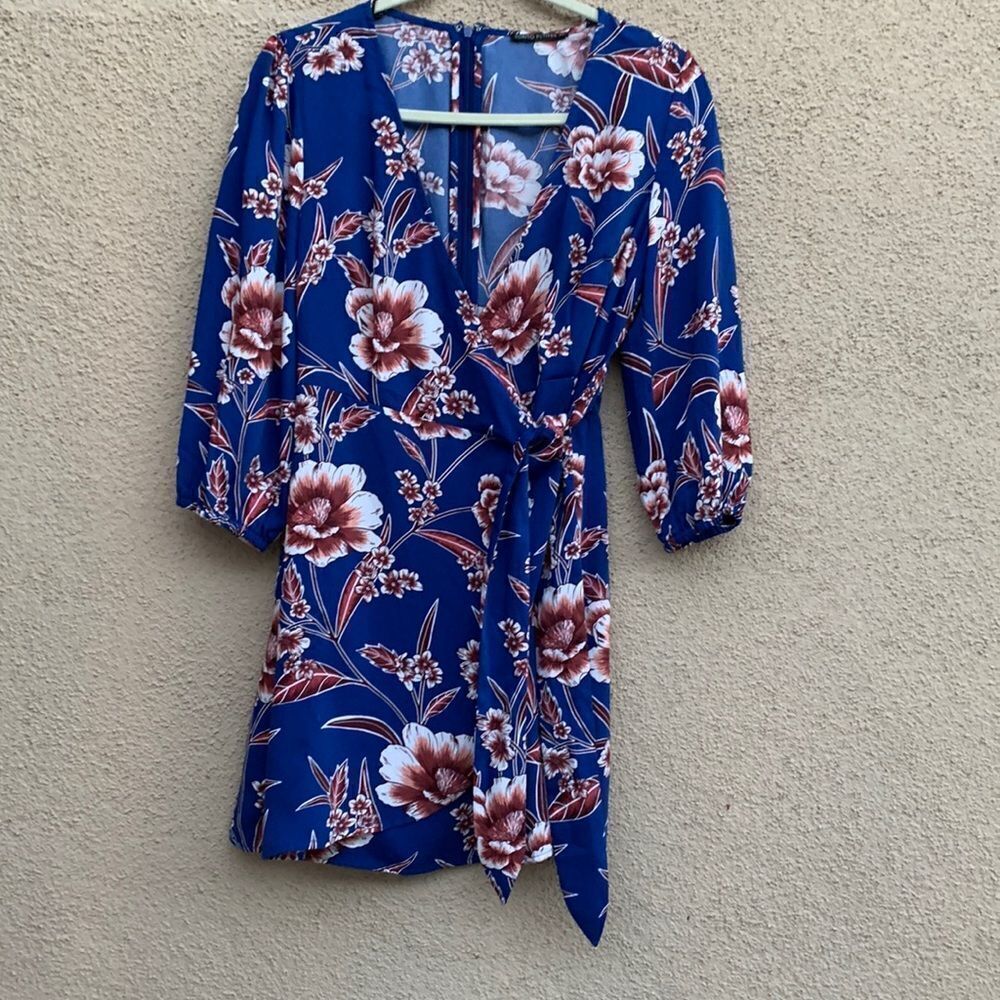 Tokito Petites V Neck Side Tie Sexy 3/4 Sleeve Zip Blue Red White Flower Dress